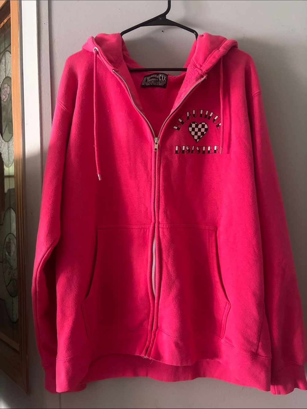 Bright Pink Full-Zip Hooded Sweatshirt with Checker Heart Graphic